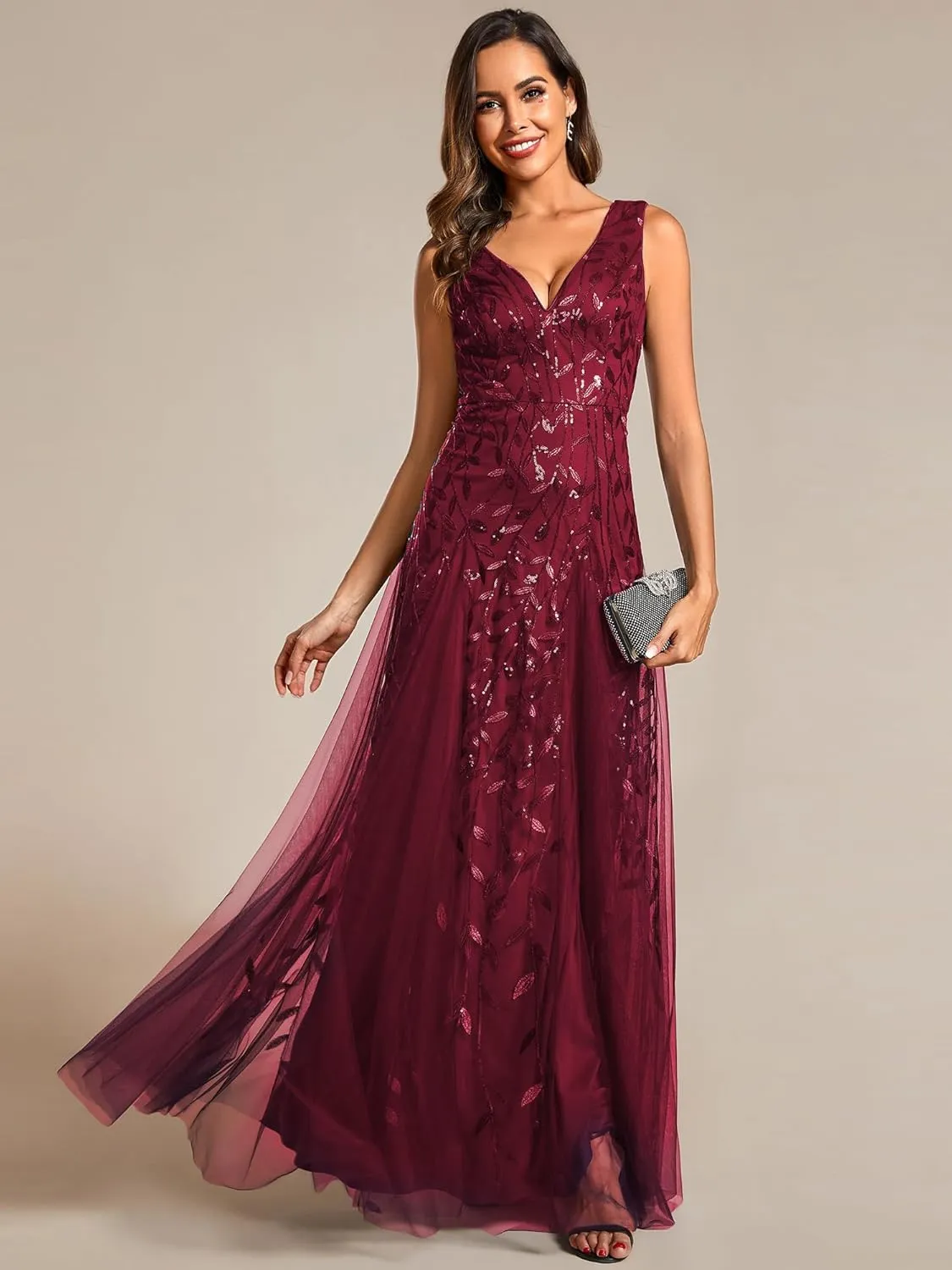 Ever-Pretty Women's Prom Dresses V Neck Sleeveless Tulle Hem A-Line Sequins Maxi Ball Gowns 02130