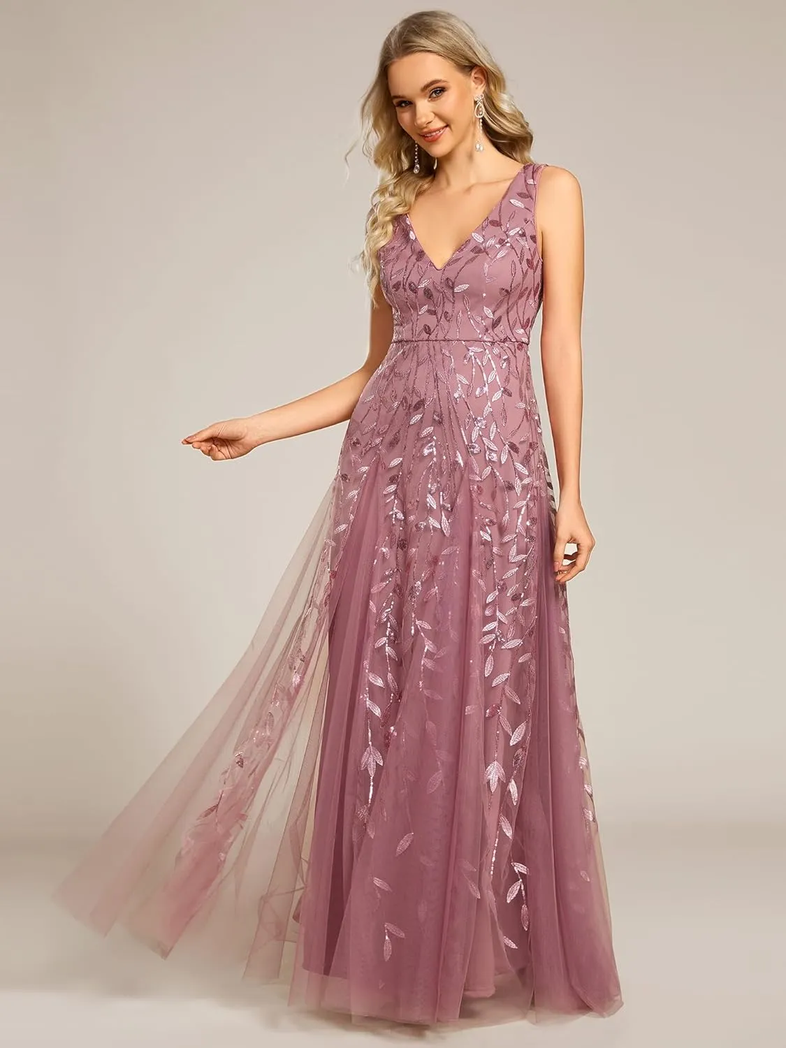 Ever-Pretty Women's Prom Dresses V Neck Sleeveless Tulle Hem A-Line Sequins Maxi Ball Gowns 02130