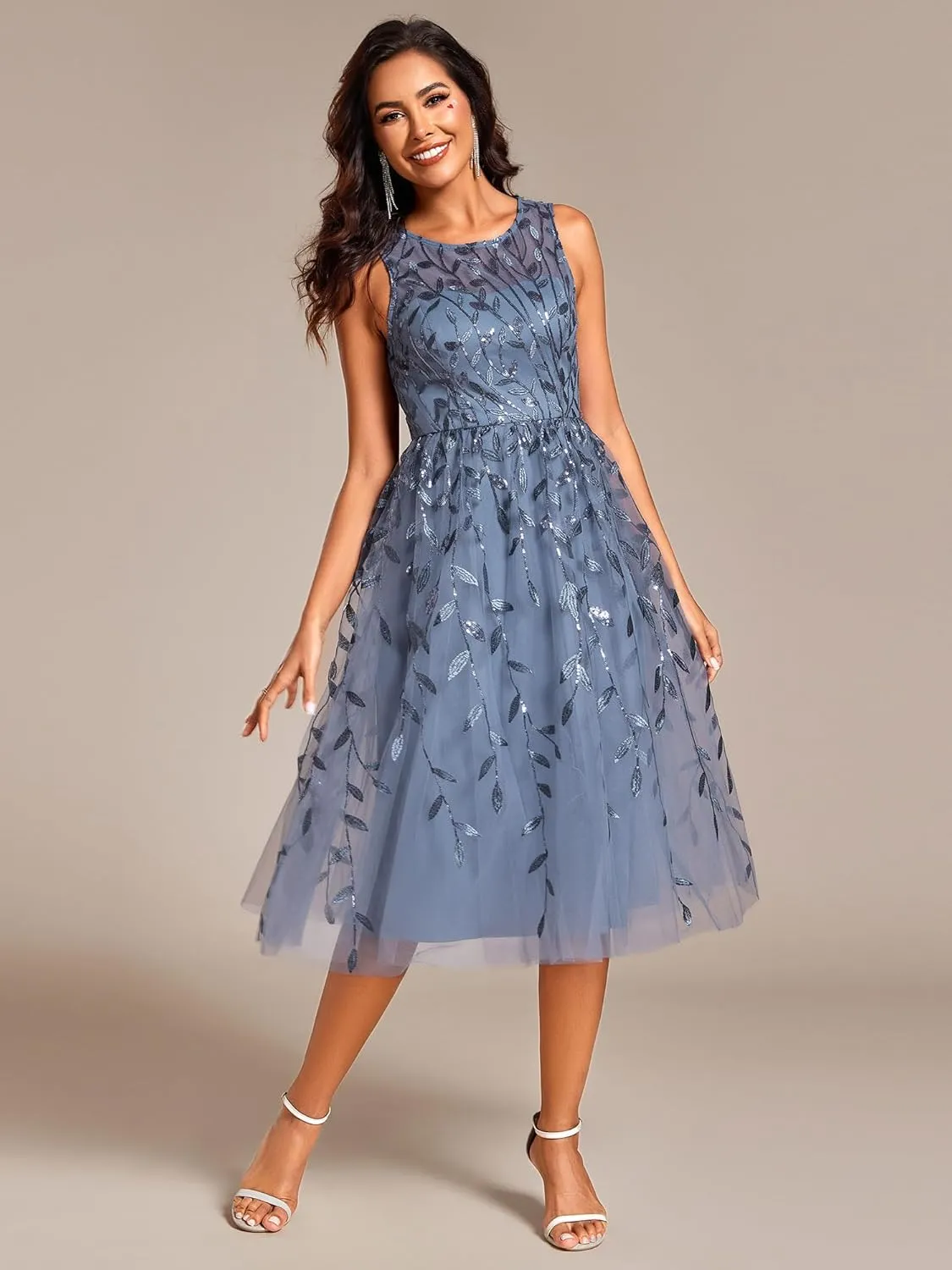 Ever-Pretty Women's Sequin Sparkly Crew Neck Short Sleeve Tea Length Evening Dress 20736