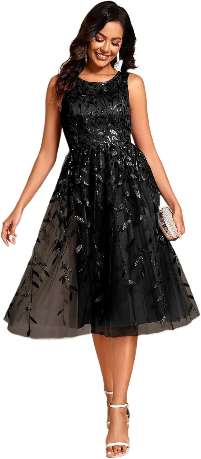 Ever-Pretty Women's Sequin Sparkly Crew Neck Short Sleeve Tea Length Evening Dress 20736