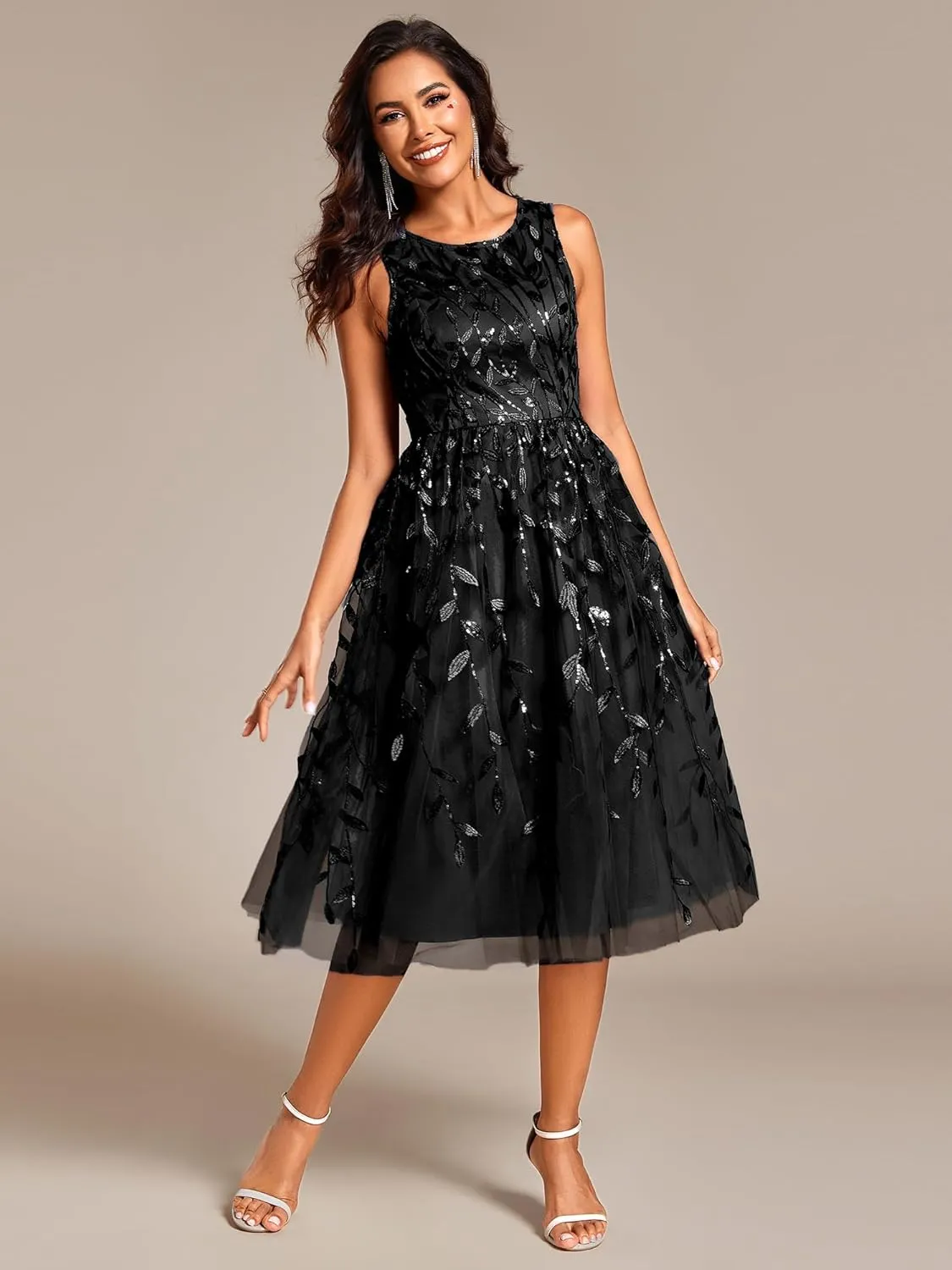 Ever-Pretty Women's Sequin Sparkly Crew Neck Short Sleeve Tea Length Evening Dress 20736