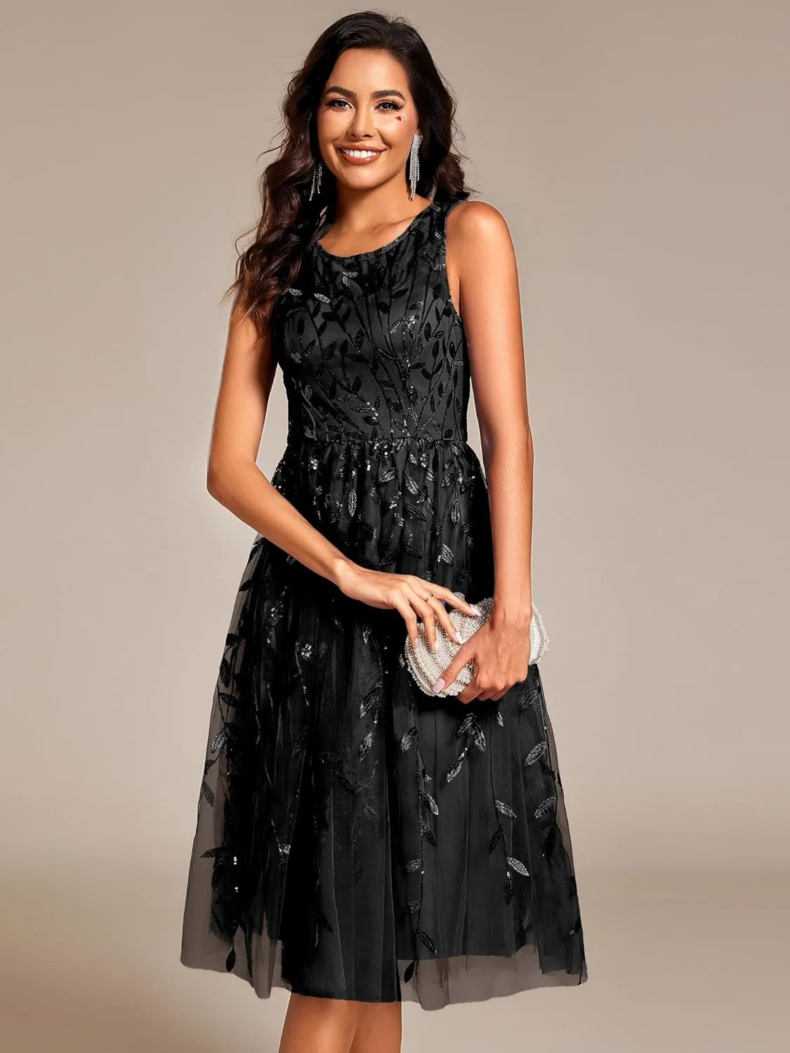 Ever-Pretty Women's Sequin Sparkly Crew Neck Short Sleeve Tea Length Evening Dress 20736