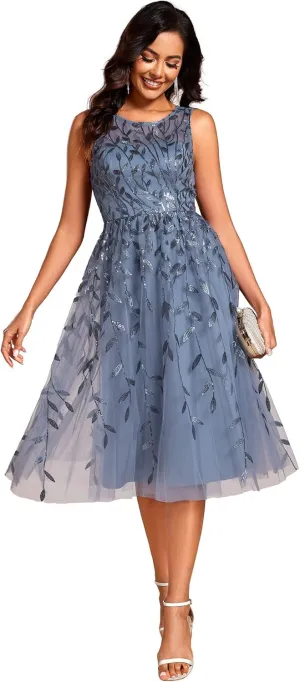 Ever-Pretty Women's Sequin Sparkly Crew Neck Short Sleeve Tea Length Evening Dress 20736
