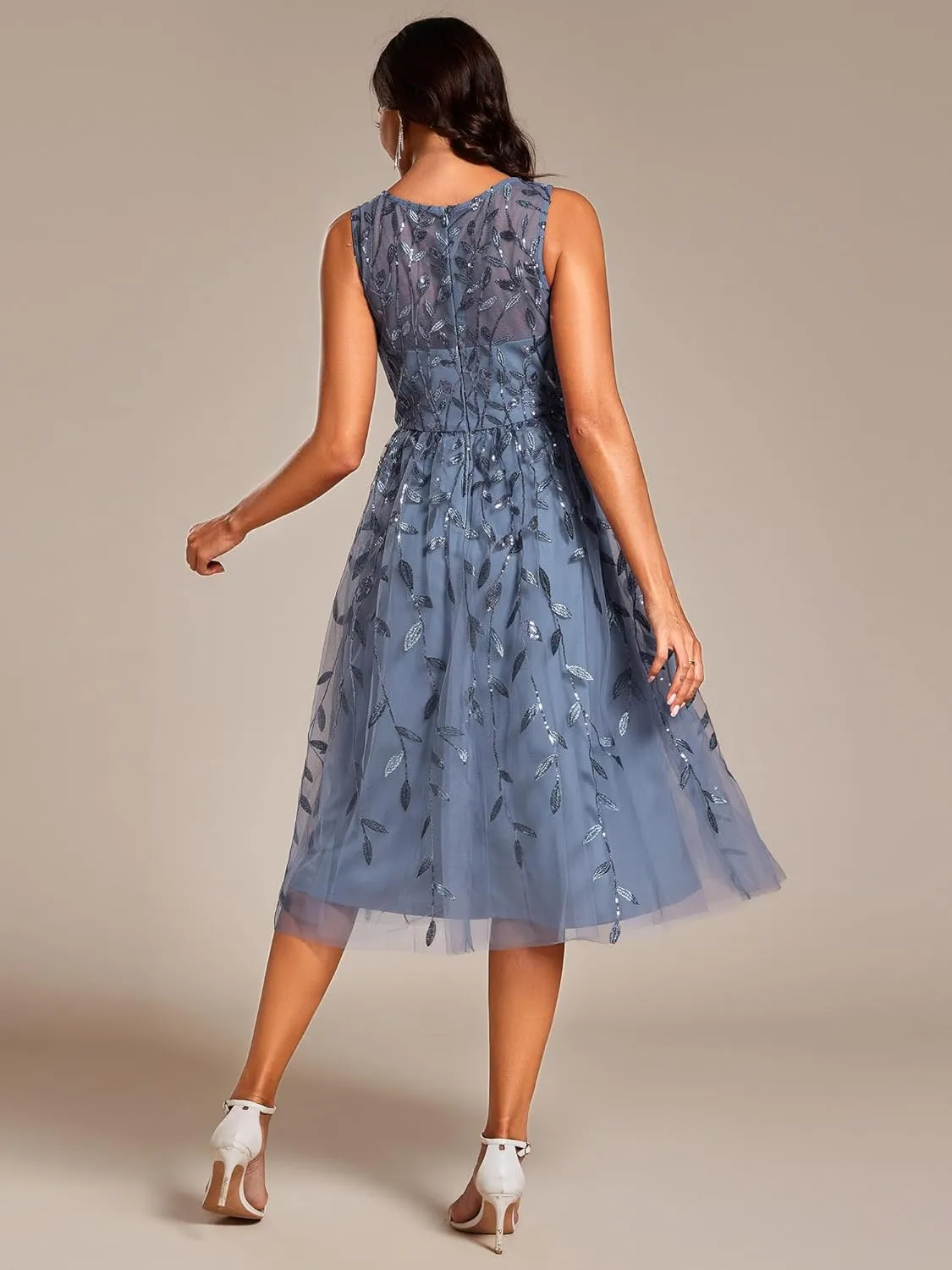 Ever-Pretty Women's Sequin Sparkly Crew Neck Short Sleeve Tea Length Evening Dress 20736