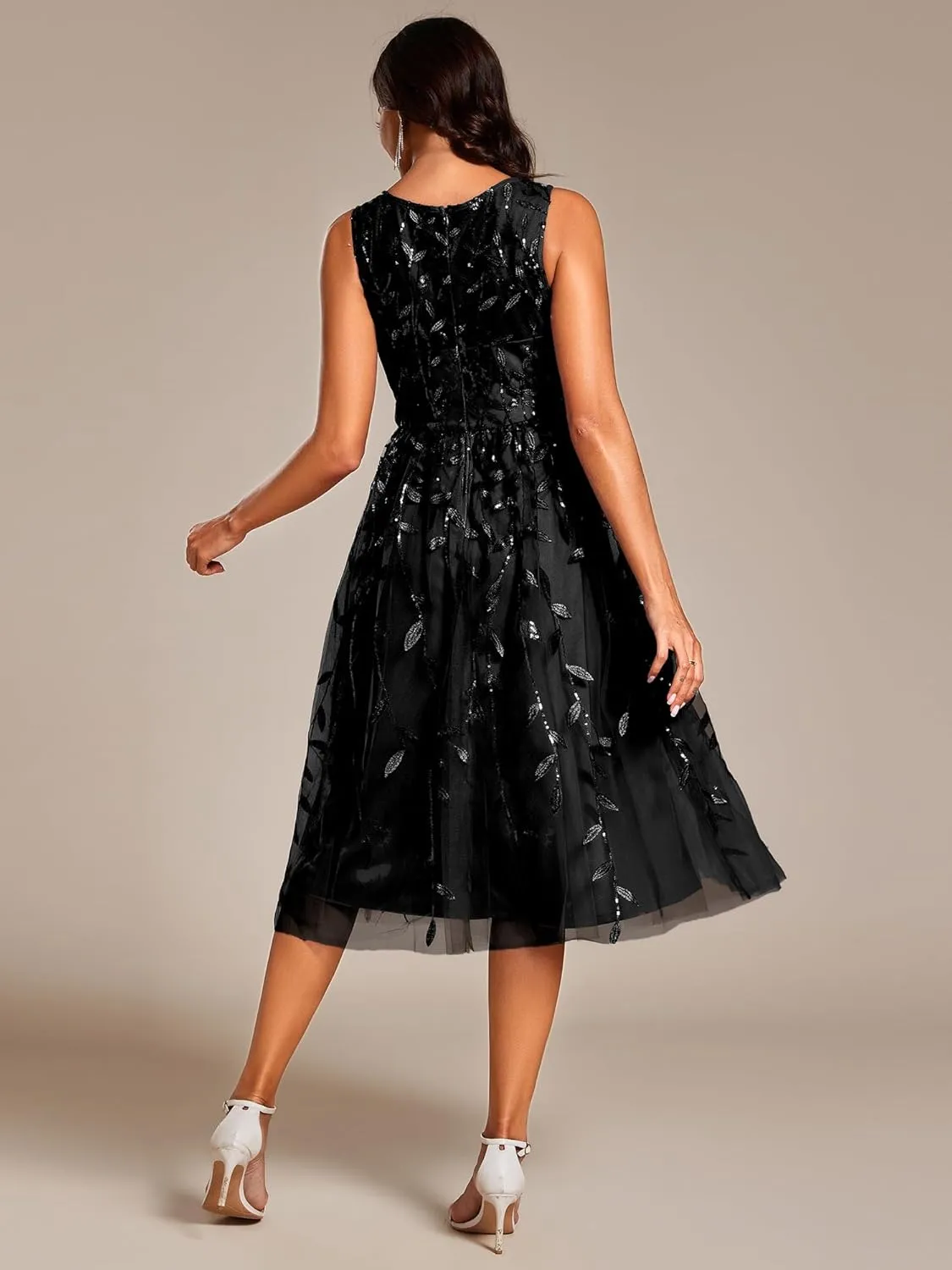 Ever-Pretty Women's Sequin Sparkly Crew Neck Short Sleeve Tea Length Evening Dress 20736
