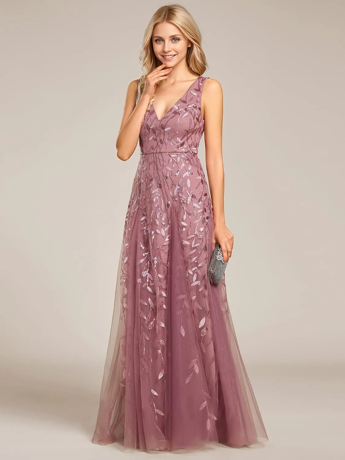 Ever-Pretty Women's Sexy Sleeveless V-Neck Evening Gowns Empire Waist Sequin Embroidery Formal Dress