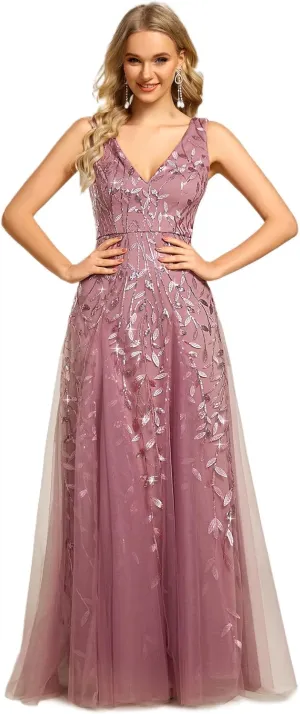 Ever-Pretty Women's Sexy Sleeveless V-Neck Evening Gowns Empire Waist Sequin Embroidery Formal Dress