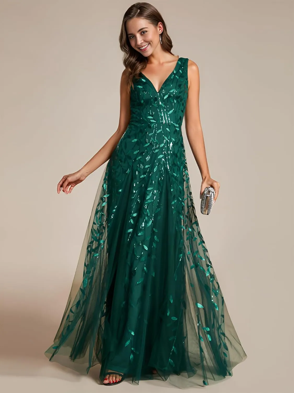 Ever-Pretty Women's Sexy Sleeveless V-Neck Evening Gowns Empire Waist Sequin Embroidery Formal Dress
