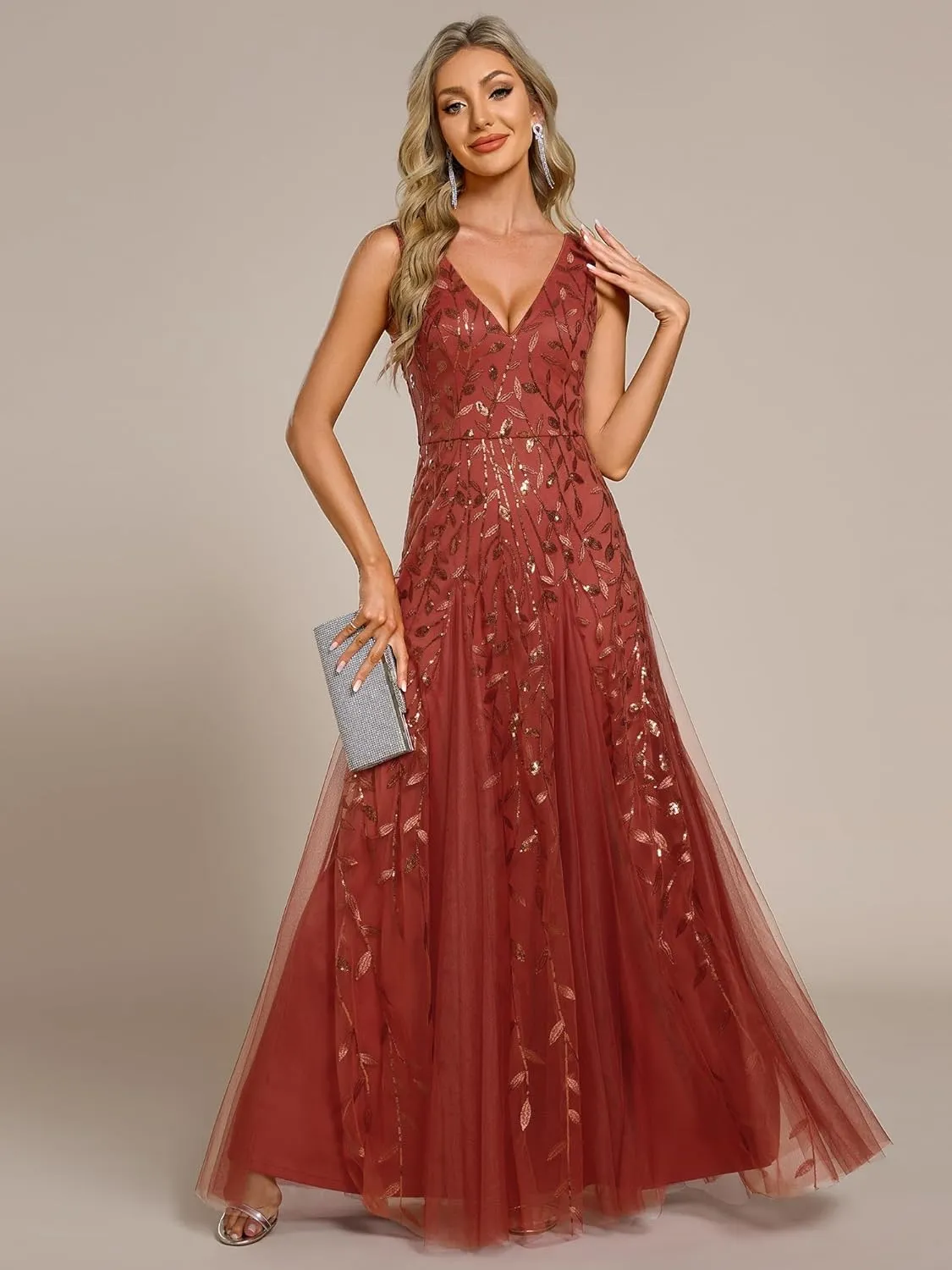 Ever-Pretty Women's Sexy Sleeveless V-Neck Evening Gowns Empire Waist Sequin Embroidery Formal Dress