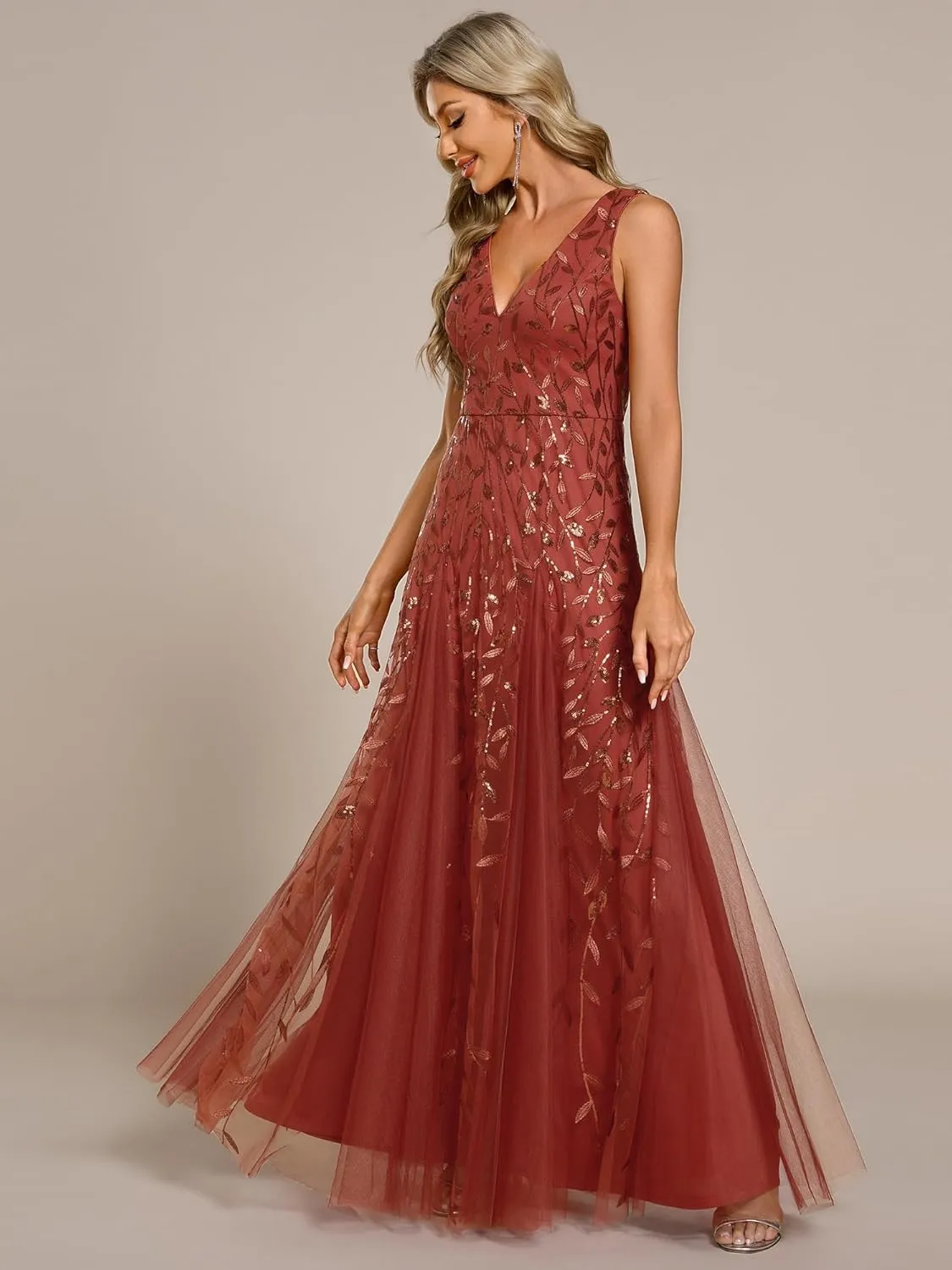 Ever-Pretty Women's Sexy Sleeveless V-Neck Evening Gowns Empire Waist Sequin Embroidery Formal Dress
