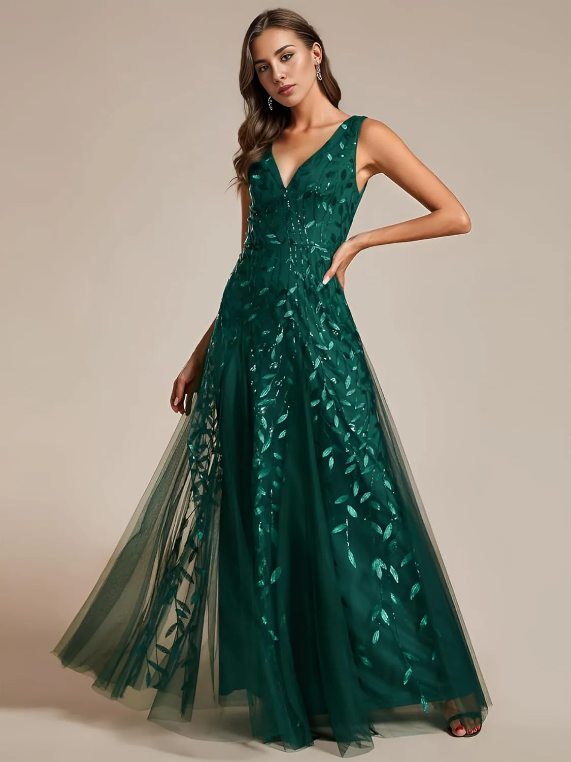Ever-Pretty Women's Sexy Sleeveless V-Neck Evening Gowns Empire Waist Sequin Embroidery Formal Dress