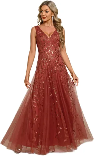 Ever-Pretty Women's Sexy Sleeveless V-Neck Evening Gowns Empire Waist Sequin Embroidery Formal Dress