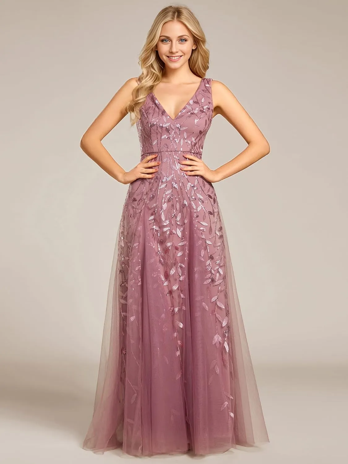 Ever-Pretty Women's Sexy Sleeveless V-Neck Evening Gowns Empire Waist Sequin Embroidery Formal Dress
