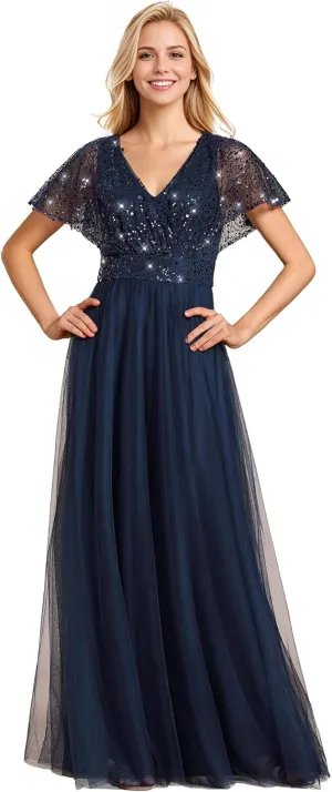 Ever-Pretty Women's V Neck Evening Dresses Ruffles Sleeves Sequin Empire Waist A-Line Maxi Formal Dresses 02223