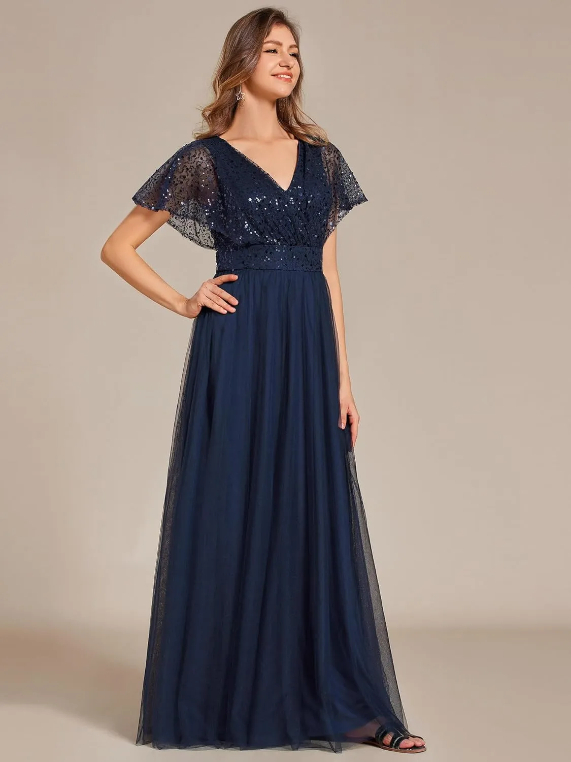 Ever-Pretty Women's V Neck Evening Dresses Ruffles Sleeves Sequin Empire Waist A-Line Maxi Formal Dresses 02223