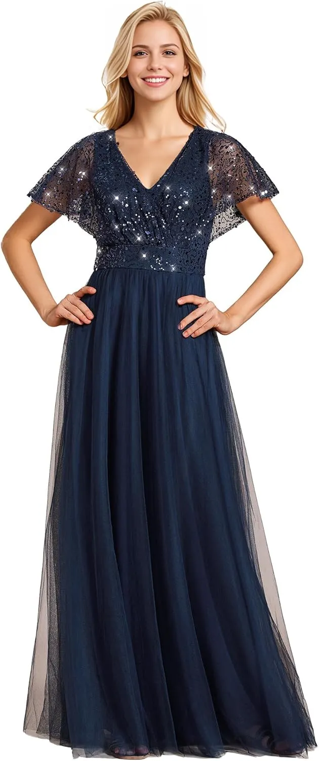 Ever-Pretty Women's V Neck Evening Dresses Ruffles Sleeves Sequin Empire Waist A-Line Maxi Formal Dresses 02223