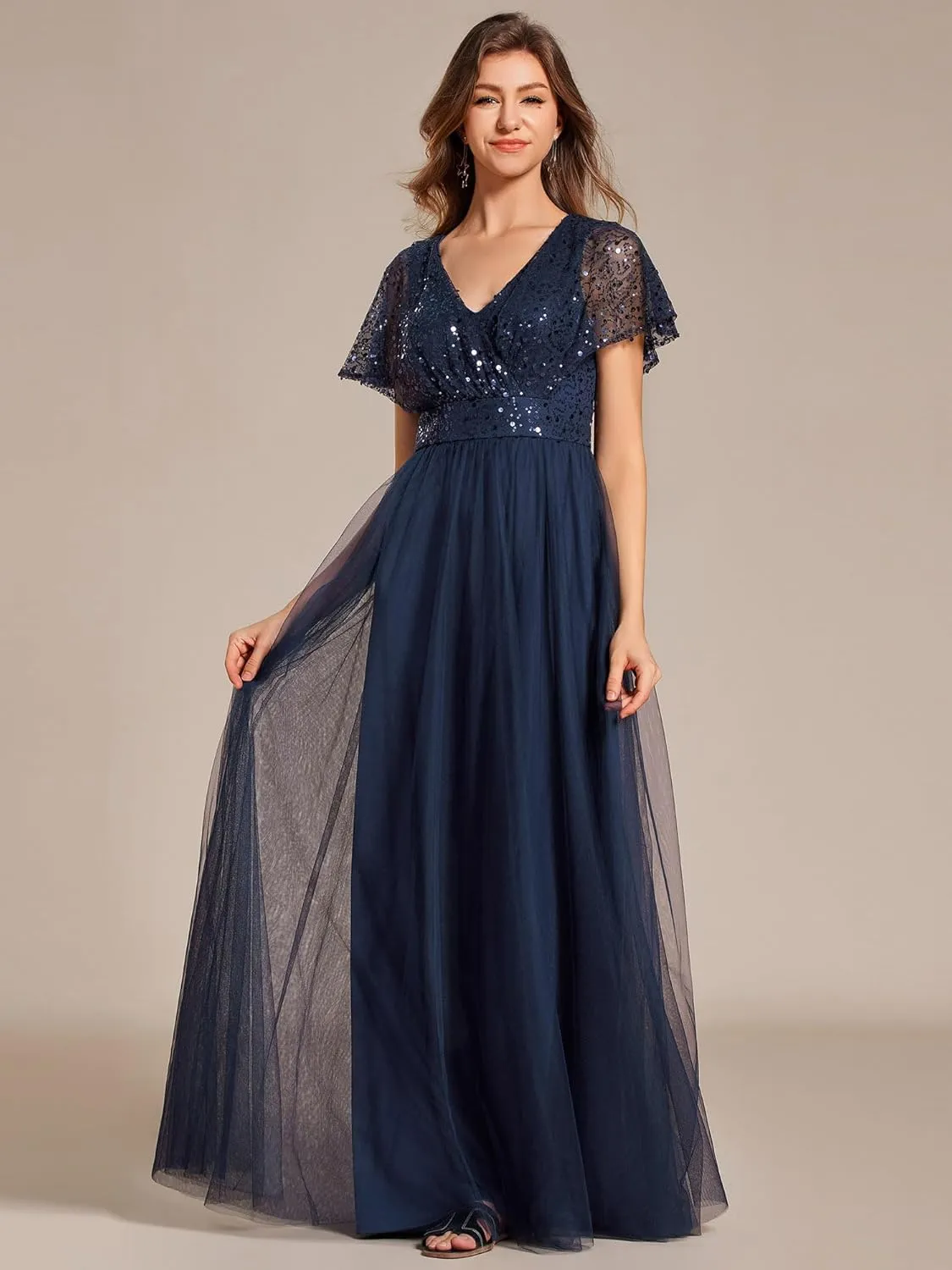 Ever-Pretty Women's V Neck Evening Dresses Ruffles Sleeves Sequin Empire Waist A-Line Maxi Formal Dresses 02223