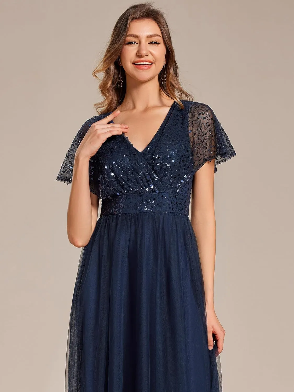 Ever-Pretty Women's V Neck Evening Dresses Ruffles Sleeves Sequin Empire Waist A-Line Maxi Formal Dresses 02223