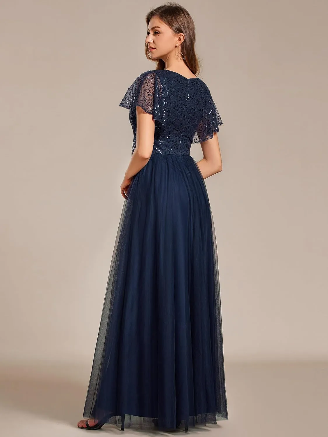Ever-Pretty Women's V Neck Evening Dresses Ruffles Sleeves Sequin Empire Waist A-Line Maxi Formal Dresses 02223