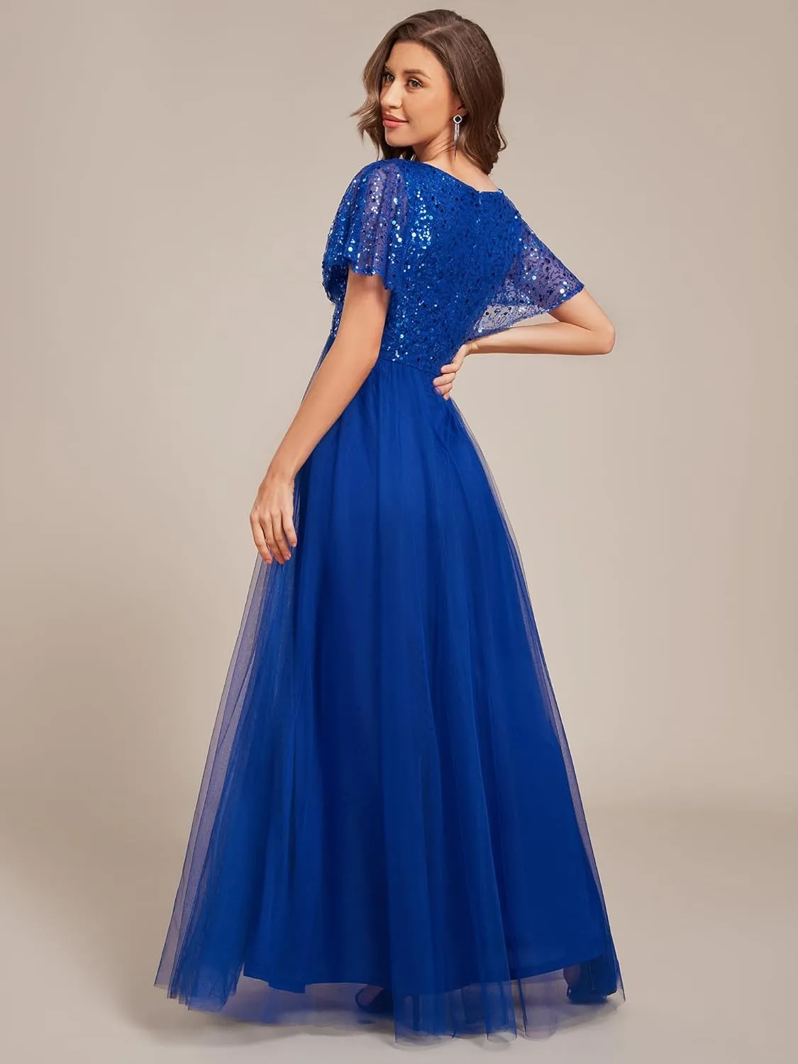 Ever-Pretty Women's V Neck Evening Dresses Ruffles Sleeves Sequin Empire Waist A-Line Maxi Formal Dresses 02223
