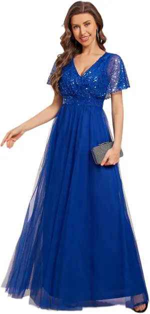 Ever-Pretty Women's V Neck Evening Dresses Ruffles Sleeves Sequin Empire Waist A-Line Maxi Formal Dresses 02223