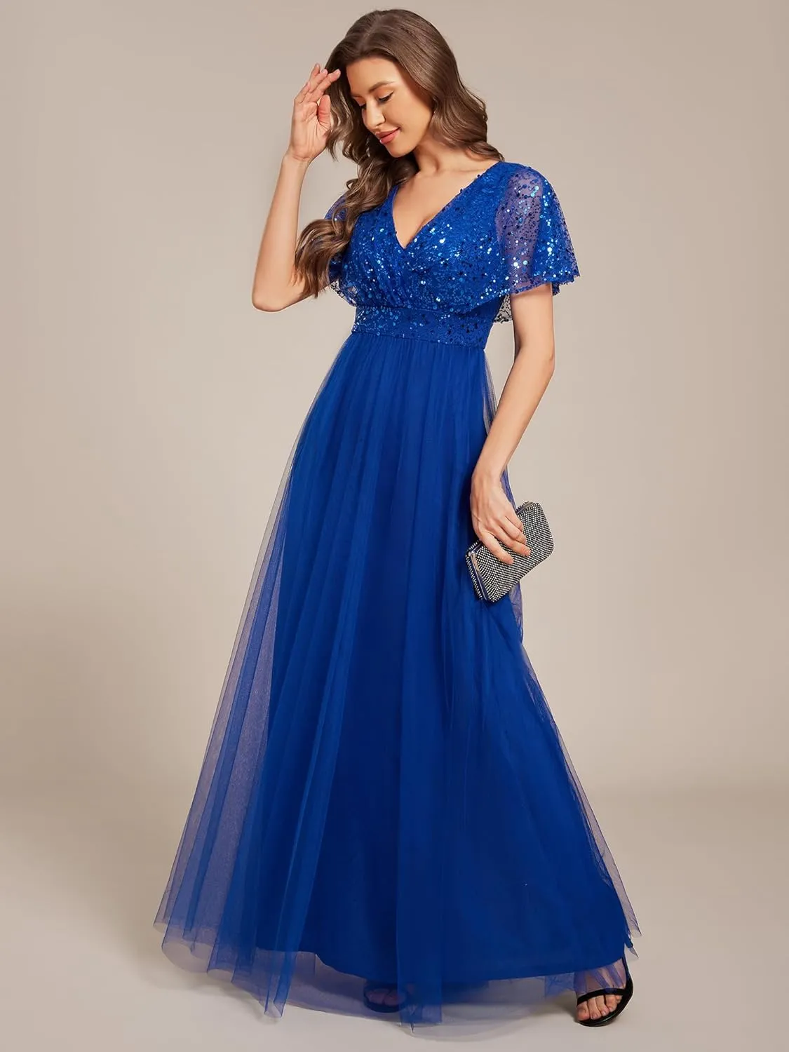 Ever-Pretty Women's V Neck Evening Dresses Ruffles Sleeves Sequin Empire Waist A-Line Maxi Formal Dresses 02223