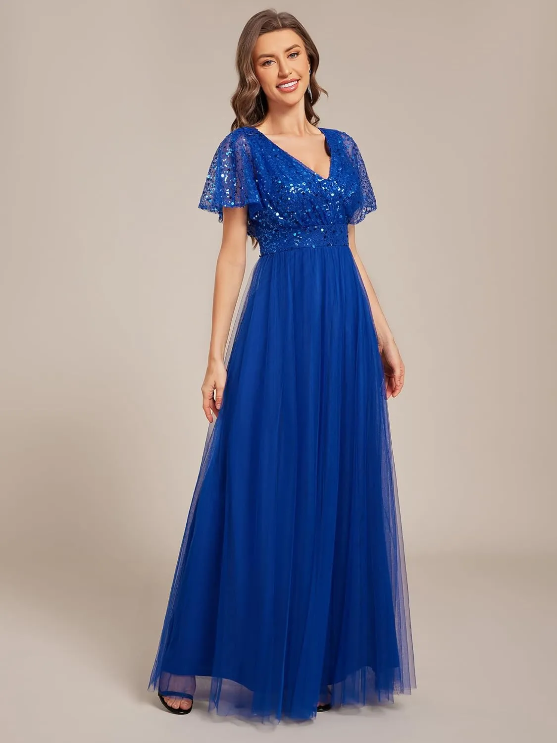 Ever-Pretty Women's V Neck Evening Dresses Ruffles Sleeves Sequin Empire Waist A-Line Maxi Formal Dresses 02223