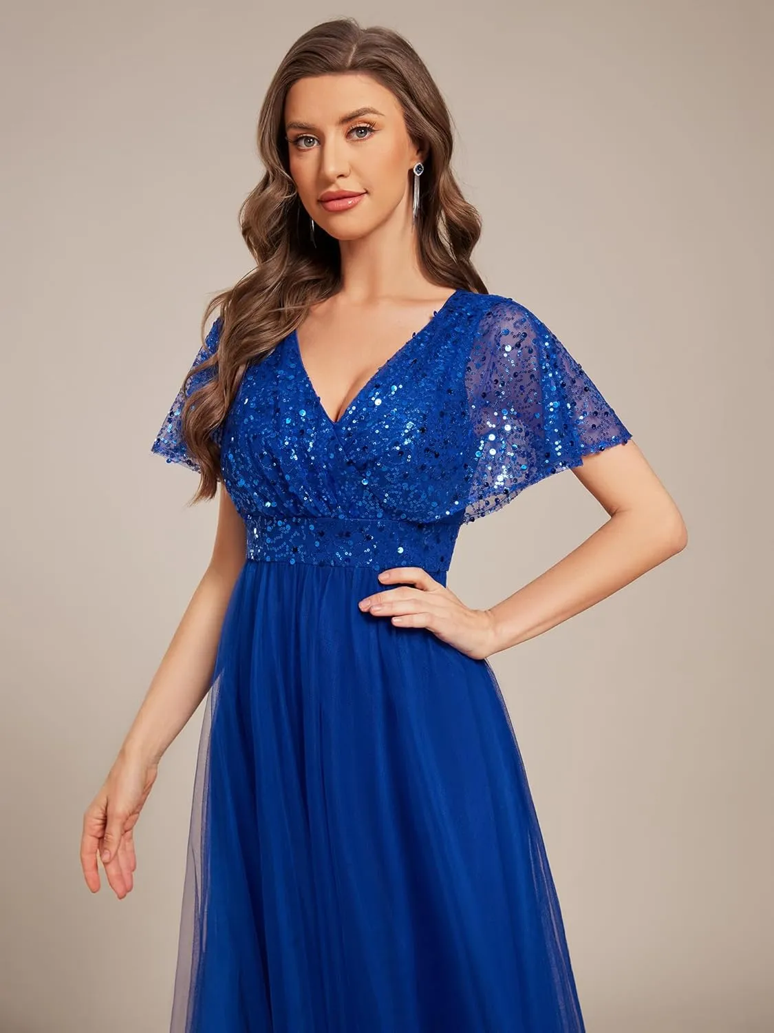 Ever-Pretty Women's V Neck Evening Dresses Ruffles Sleeves Sequin Empire Waist A-Line Maxi Formal Dresses 02223