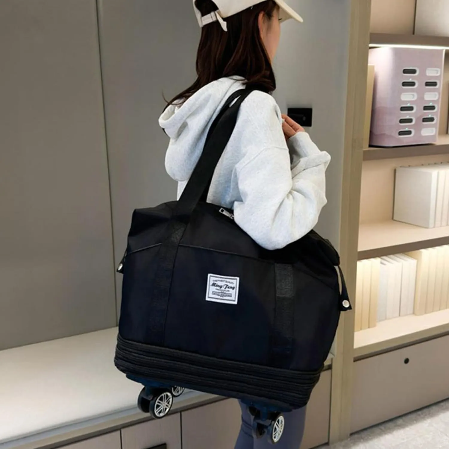 Expandable & Foldable Rolling Duffle Bag with Wheels, Large Capacity Carry-On Luggage with Dry Wet Separation, Waterproof Lightweight Travel Weekend Bag for Women Men (Black)