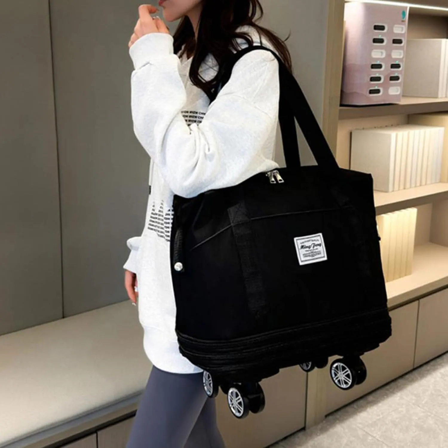 Expandable & Foldable Rolling Duffle Bag with Wheels, Large Capacity Carry-On Luggage with Dry Wet Separation, Waterproof Lightweight Travel Weekend Bag for Women Men (Black)