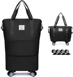 Expandable & Foldable Rolling Duffle Bag with Wheels, Large Capacity Carry-On Luggage with Dry Wet Separation, Waterproof Lightweight Travel Weekend Bag for Women Men (Black)