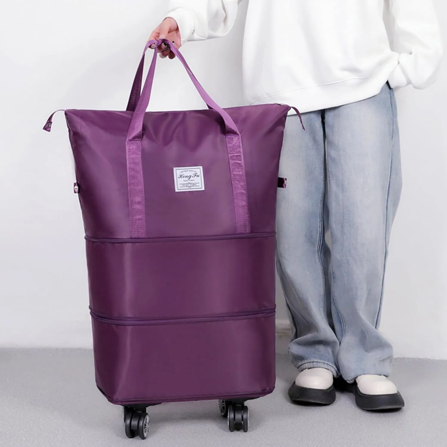 Expandable & Foldable Rolling Duffle Bag with Wheels, Large Capacity Carry-On Luggage with Dry Wet Separation, Waterproof Lightweight Travel Weekend Bag for Women Men (Dark Purple)