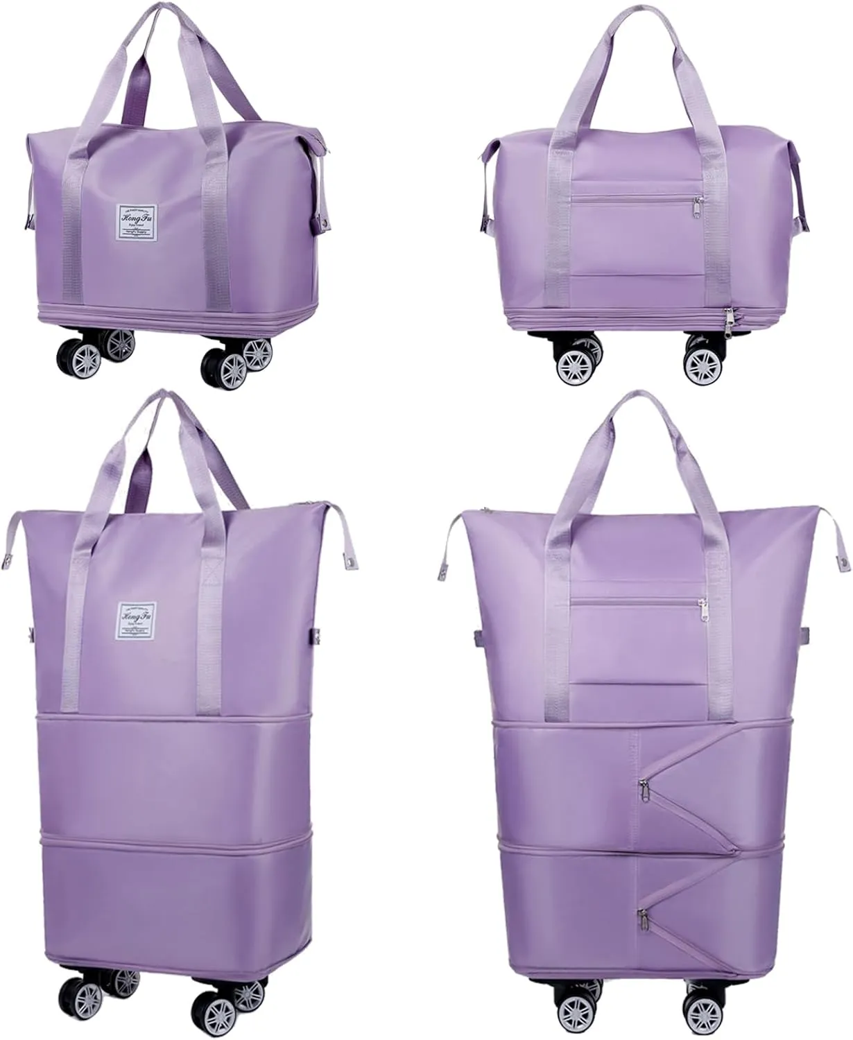 Expandable & Foldable Rolling Duffle Bag with Wheels, Large Capacity Carry-On Luggage with Dry Wet Separation, Waterproof Lightweight Travel Weekend Bag for Women Men (Dark Purple)