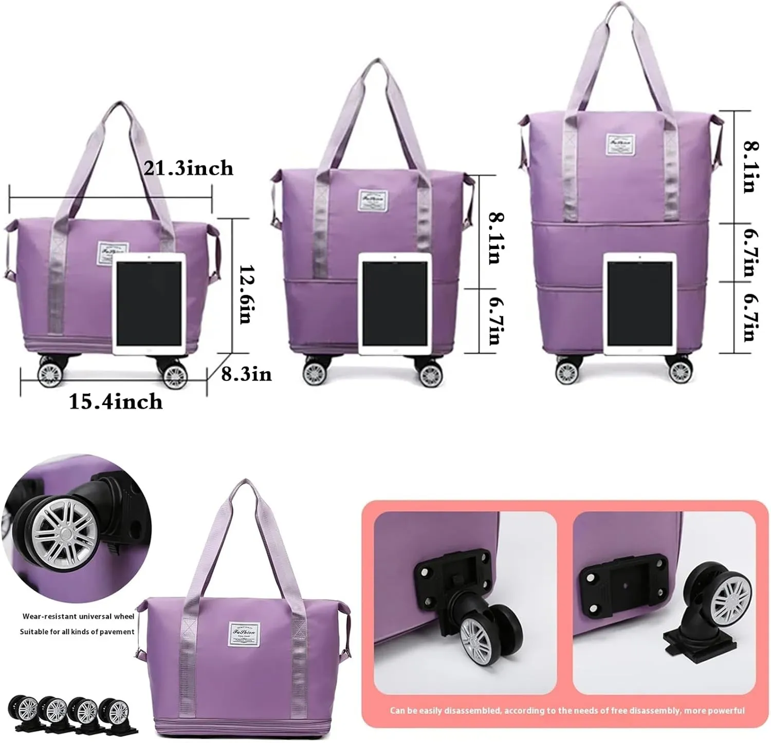 Expandable & Foldable Rolling Duffle Bag with Wheels, Large Capacity Carry-On Luggage with Dry Wet Separation, Waterproof Lightweight Travel Weekend Bag for Women Men (Dark Purple)