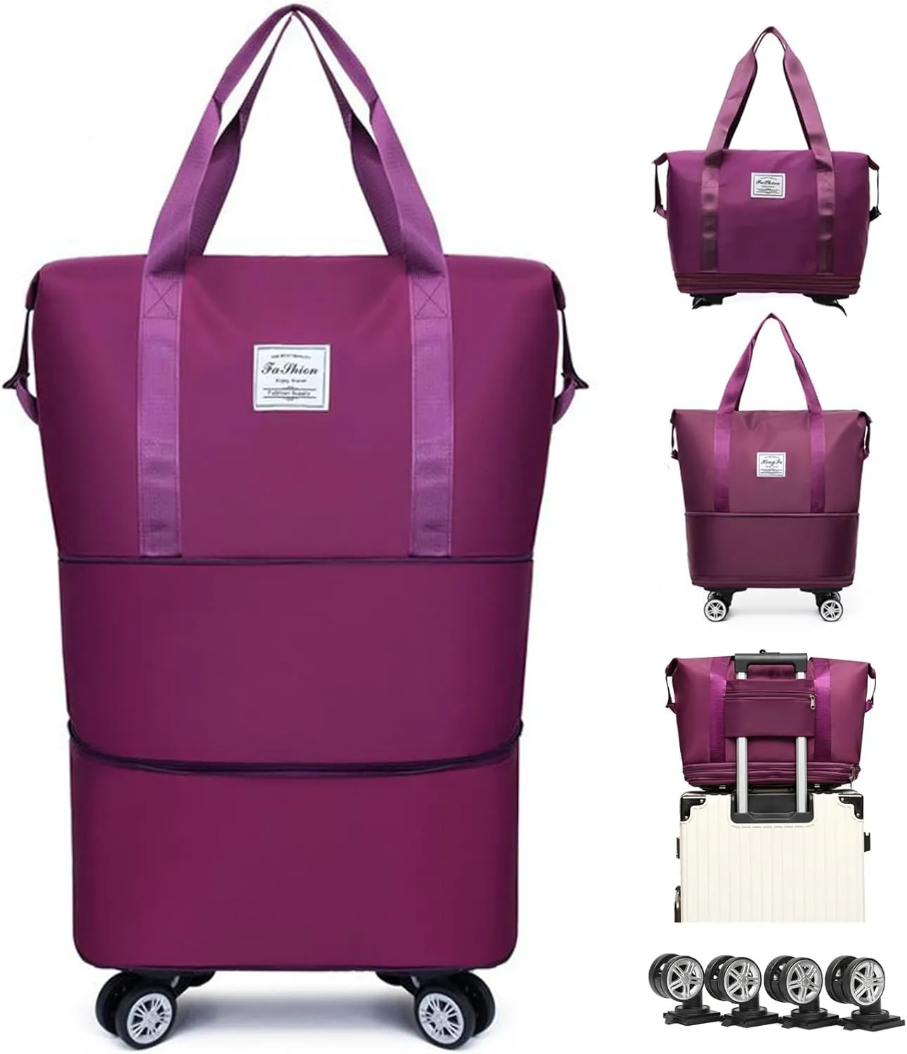 Expandable & Foldable Rolling Duffle Bag with Wheels, Large Capacity Carry-On Luggage with Dry Wet Separation, Waterproof Lightweight Travel Weekend Bag for Women Men (Dark Purple)