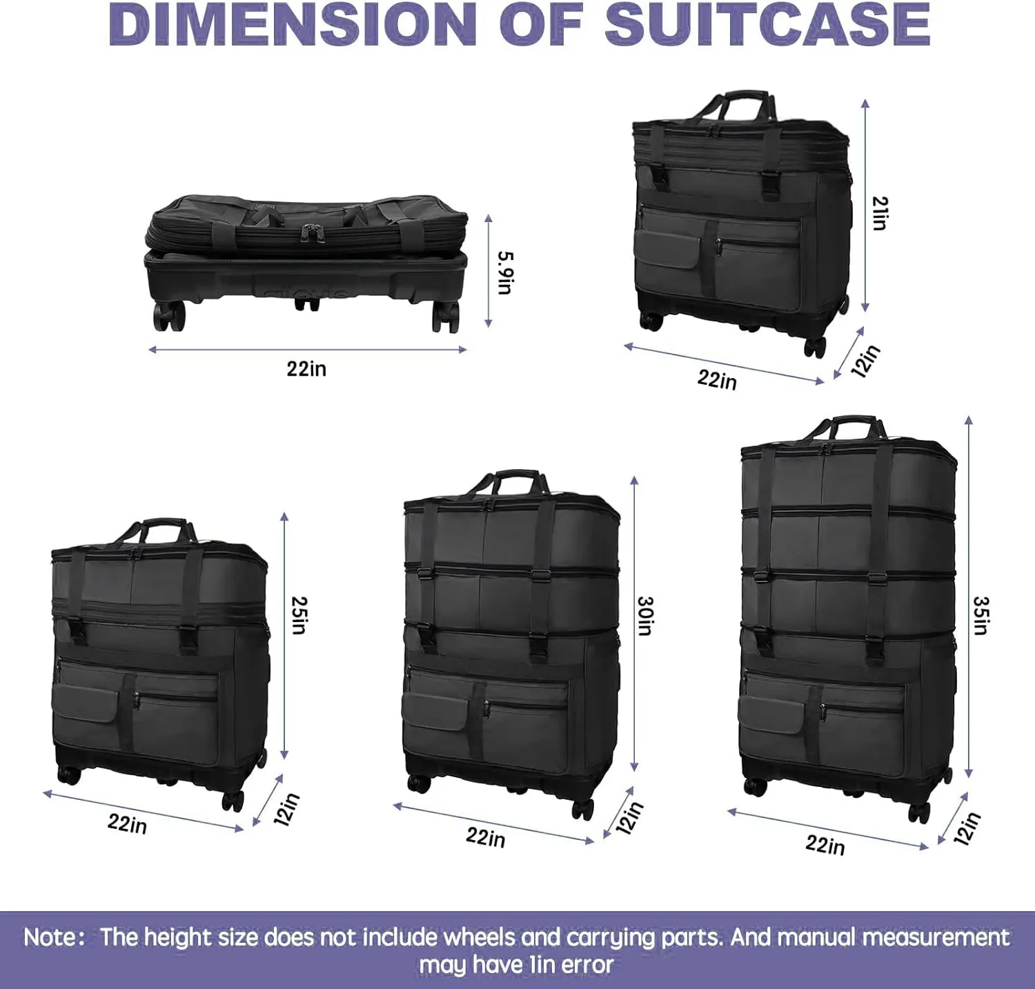 Expandable Collapsible Luggage with Telescoping Handle Foldable Suitcase with Removable Wheels Rolling Travel Duffel Bag for Men and Women