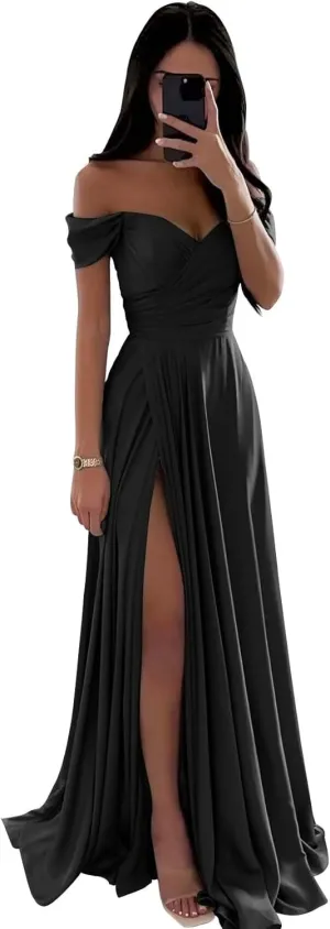 Fair Lady Bridesmaid Dresses for Women Long Satin Ruffle Off The Shoulder Formal Evening Party Gowns with Slit