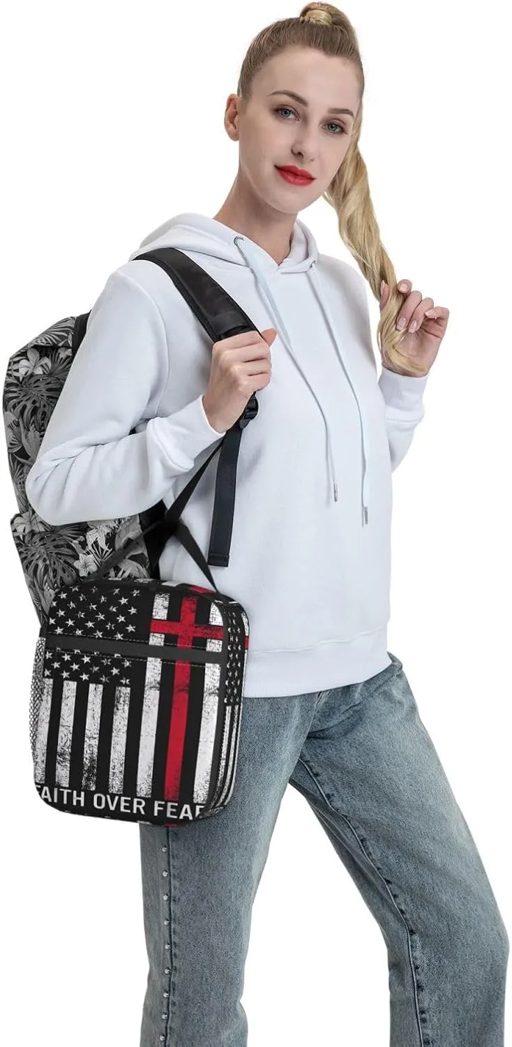 Faith Over Fear Patriotic Christian Cross American Flag Lunch Bag Insulated Lunch Box Reusable Tote Bags For Work Picnic Office Travel