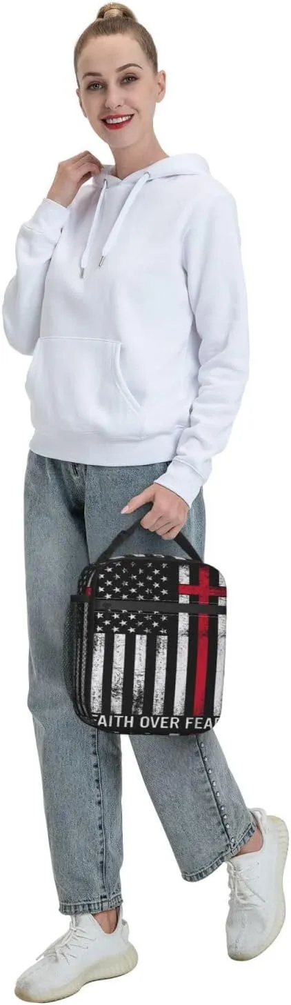 Faith Over Fear Patriotic Christian Cross American Flag Lunch Bag Insulated Lunch Box Reusable Tote Bags For Work Picnic Office Travel