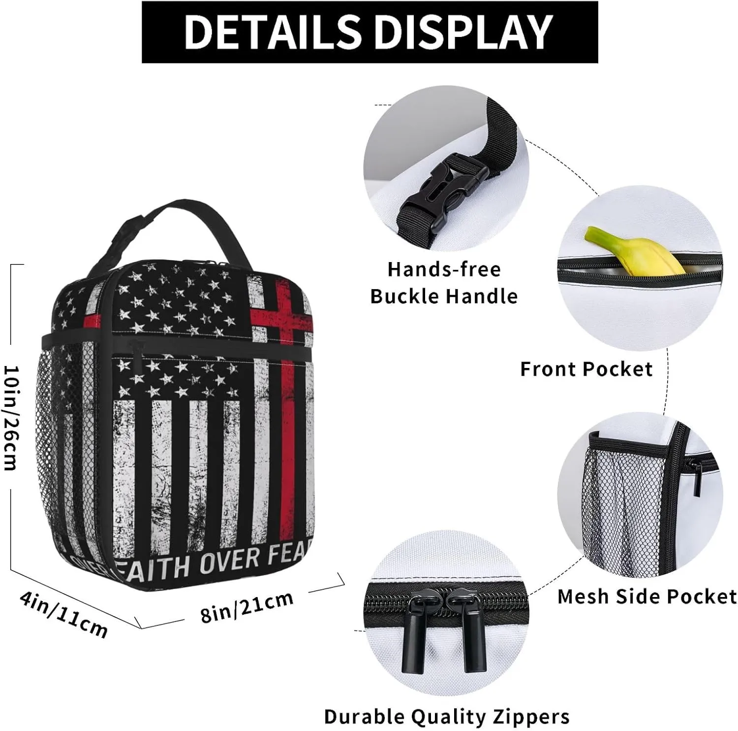 Faith Over Fear Patriotic Christian Cross American Flag Lunch Bag Insulated Lunch Box Reusable Tote Bags For Work Picnic Office Travel