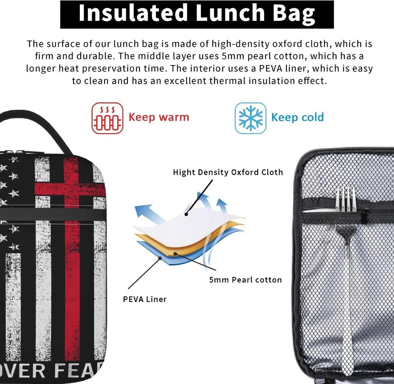 Faith Over Fear Patriotic Christian Cross American Flag Lunch Bag Insulated Lunch Box Reusable Tote Bags For Work Picnic Office Travel