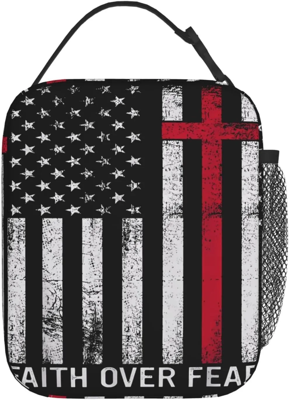 Faith Over Fear Patriotic Christian Cross American Flag Lunch Bag Insulated Lunch Box Reusable Tote Bags For Work Picnic Office Travel