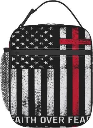 Faith Over Fear Patriotic Christian Cross American Flag Lunch Bag Insulated Lunch Box Reusable Tote Bags For Work Picnic Office Travel