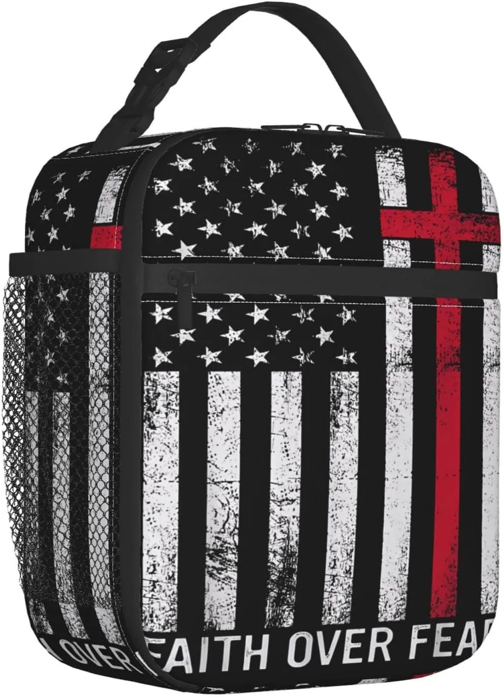 Faith Over Fear Patriotic Christian Cross American Flag Lunch Bag Insulated Lunch Box Reusable Tote Bags For Work Picnic Office Travel