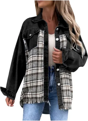 Fall Fashion Denim Jacket For Women 2023 Casual Long Sleeve Plaid Button Down Jean Shirts Shacket Jacket