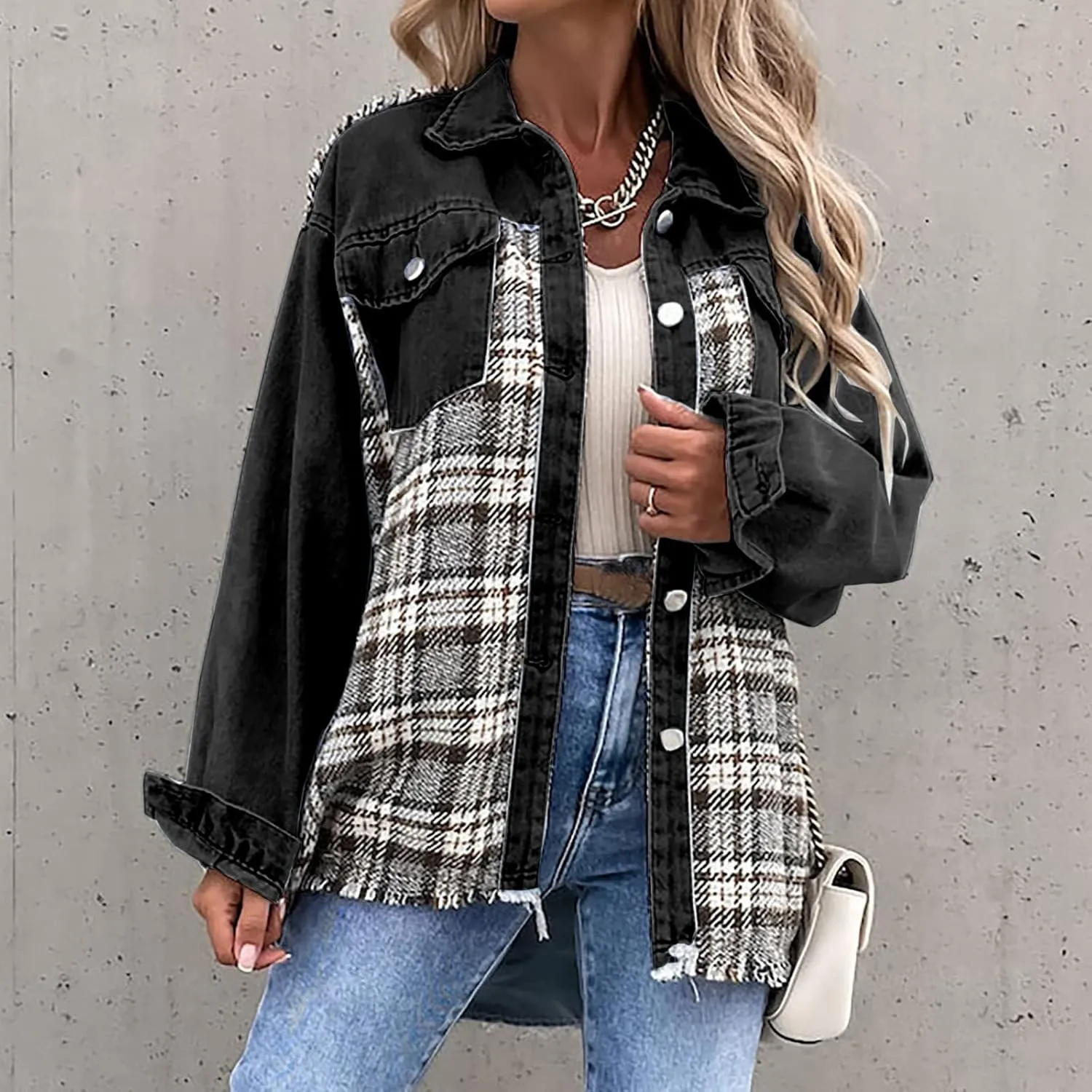 Fall Fashion Denim Jacket For Women 2023 Casual Long Sleeve Plaid Button Down Jean Shirts Shacket Jacket