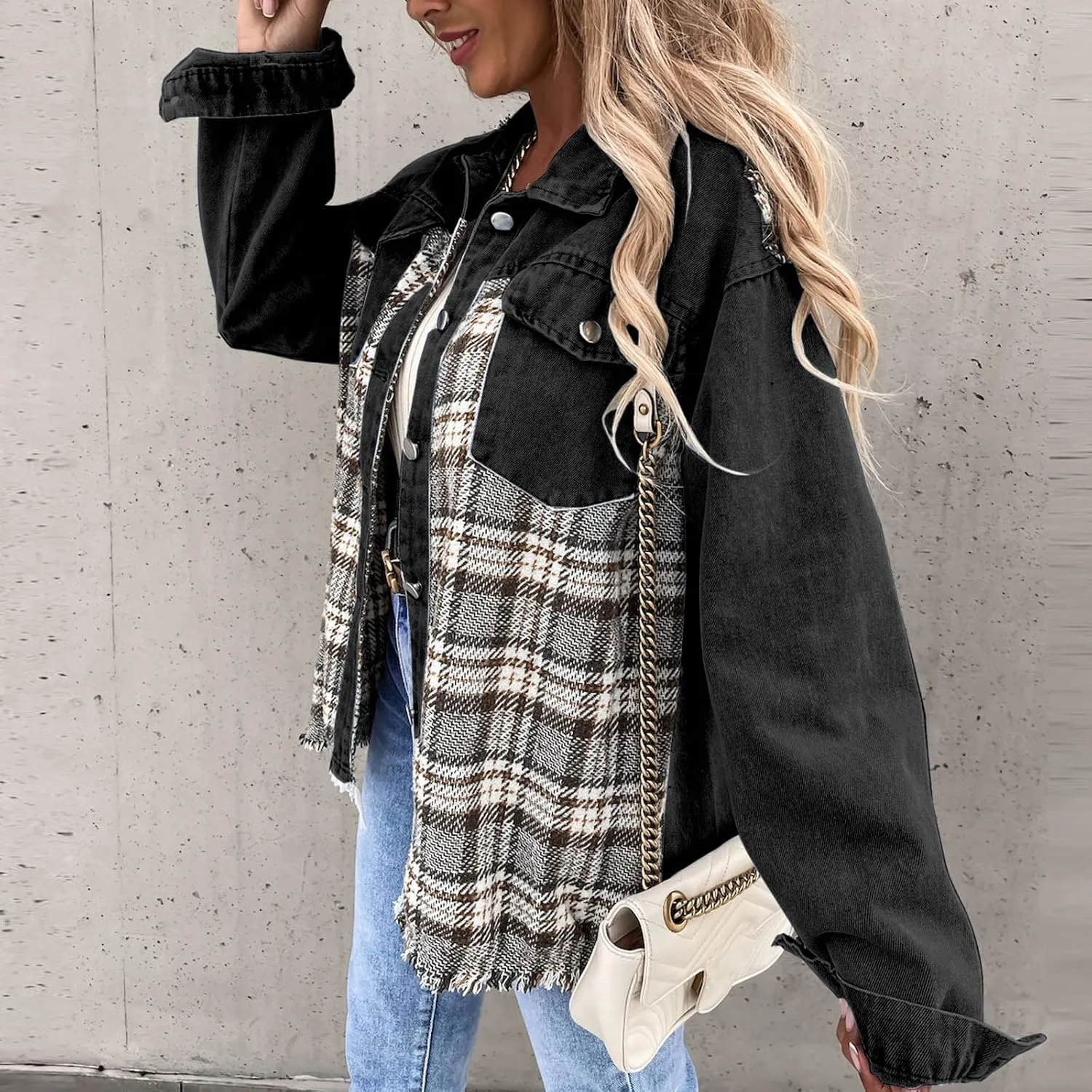 Fall Fashion Denim Jacket For Women 2023 Casual Long Sleeve Plaid Button Down Jean Shirts Shacket Jacket