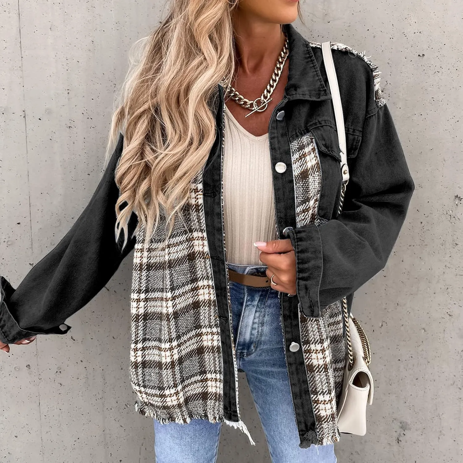 Fall Fashion Denim Jacket For Women 2023 Casual Long Sleeve Plaid Button Down Jean Shirts Shacket Jacket