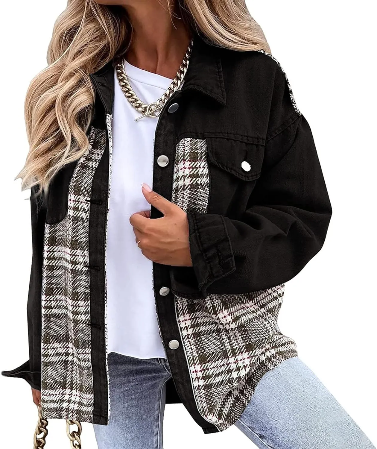 Fall Fashion Denim Jacket For Women 2023 Casual Long Sleeve Plaid Button Down Jean Shirts Shacket Jacket