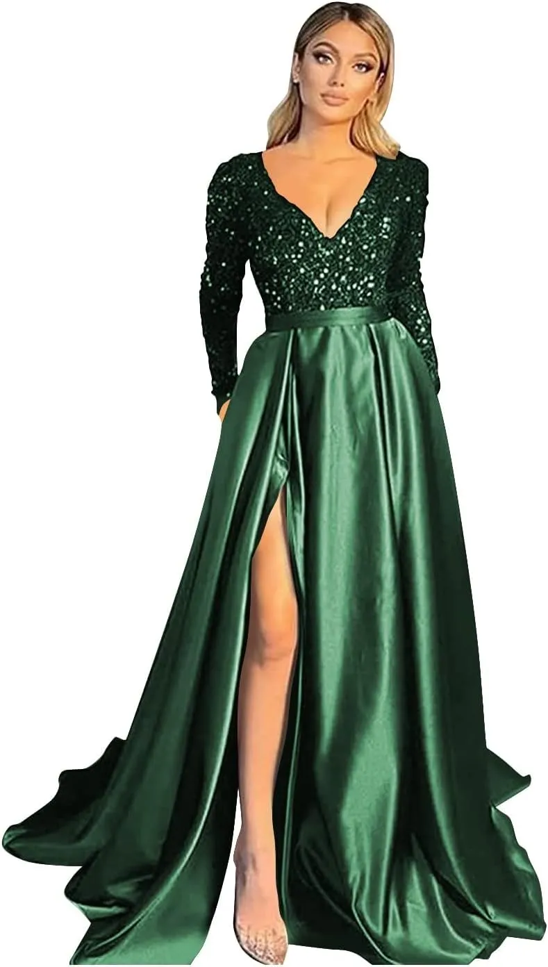 Fanciest V Neck Long Sleeve Prom Dresses with Slit Sequin Satin Formal Evening Gowns